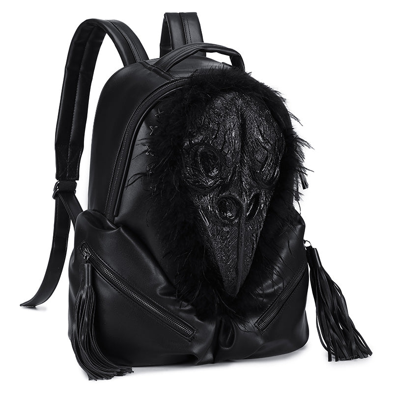 3D Backpack 3D  PU Leather Beak Skull With Feather Computer Backpack-3