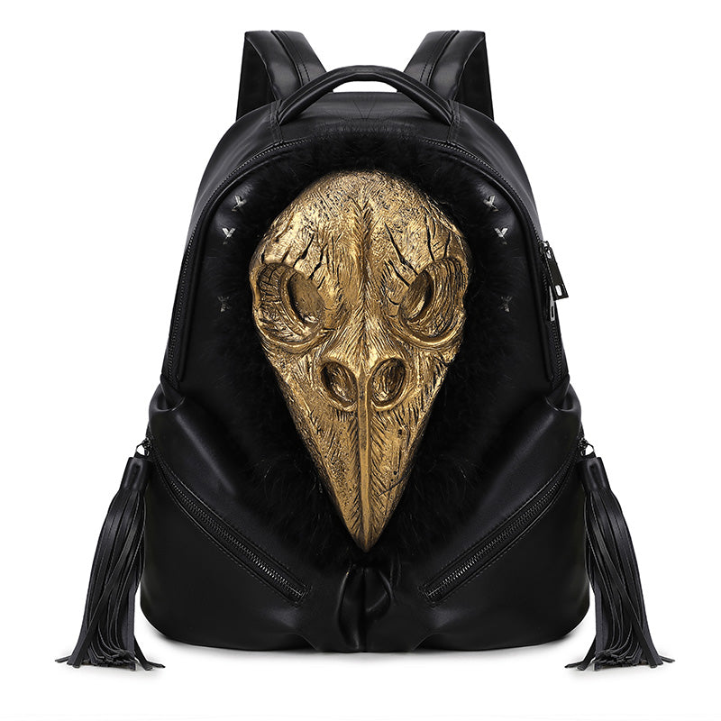 3D Backpack 3D  PU Leather Beak Skull With Feather Computer Backpack-6